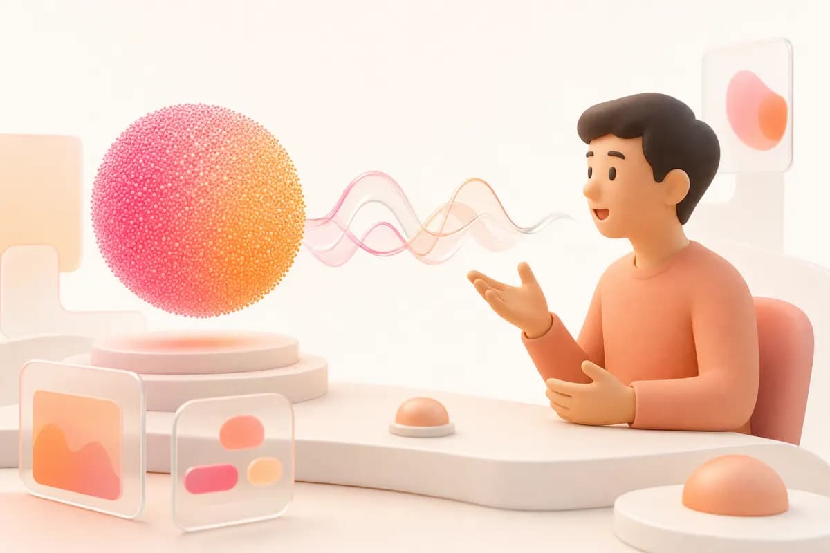 粒子の球と人が、ガラスのリボンのような音の波で会話している挿絵