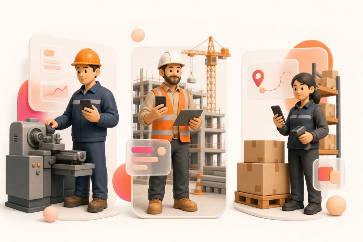 工場・建設現場・物流倉庫の 3 人の働き手がスマホを持っている挿絵