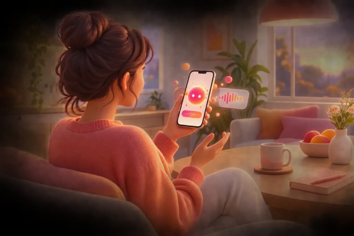 キッチンのテーブルでスマホを縦に持ち、声の球と話している人の挿絵